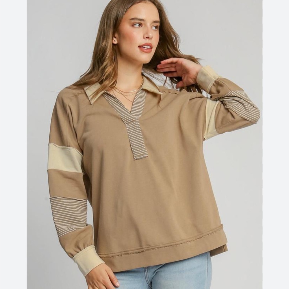 Umgee French Terry Long Sleeve Color Block Top Tan Brown Stripes Boxy Cut Large